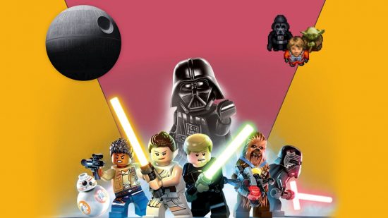 Custom image for handheld Star Wars history feature with Lego and pixelated characters as well as the death star