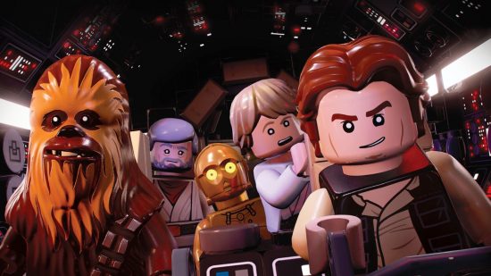 Zrzut ekranu przerywnika filmowego z Lego Star Wars: The Skywalker Trilogy z Hanem, Chewym, Luke'iem, Obi-Wanem i C3PO na ekranie