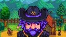 stardew valley wizard's portrait on a background of a farm