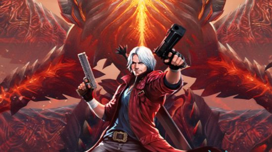 Zrzut ekranu przedstawiający Dantego z bronią w crossoverze Street Fighter: Duel Devil May Cry