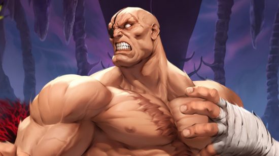 Street Fighter Duel tier list: A wallpaper image of Sagat cropped in close to his face