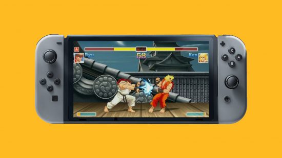 Niestandardowy obraz przewodnika Street Fighter Switch, na którym Ryu i Ken walczą na ekranie Switcha