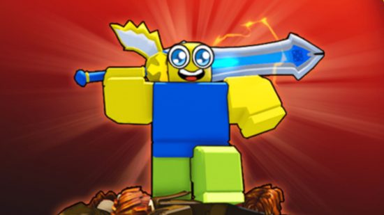 Screenshot of the key art for Sword Warriors with a yellow Roblox guy for Sword Warriors codes
