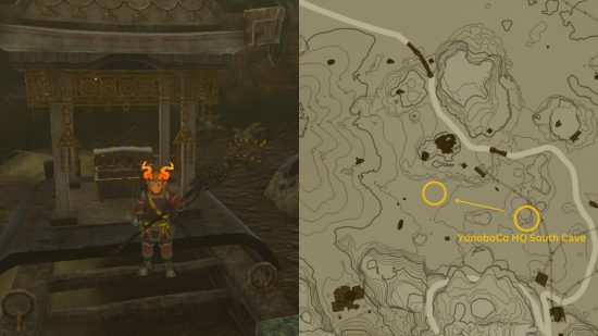 A split image showing a map of the tears of the kingdom ember headdress location and Link wearing it