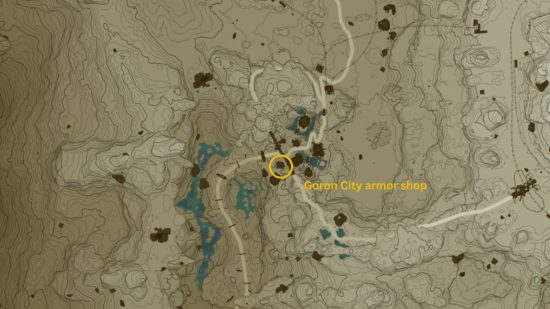 A map showing the tears of the kingdom flamebreaker armor location in Goron City