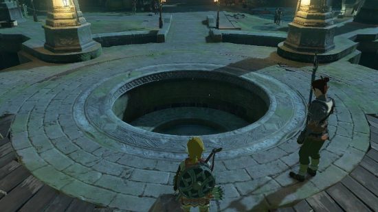 The Legend of Zelda: Tears of the Kingdom Lookout Landing: Link and a Hyrulian guard stand in front of a hole in the floor