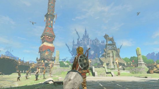 The Legend of Zelda: Tears of the Kingdom Lookout Landing: Link stands in the middle of a busy town square