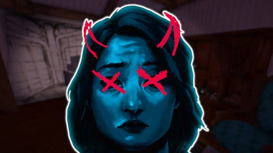 The Tartarus Key release date: Key art featuring Alex illustrated in blue tones with her eyes crossed out in scratchy red pencil and two devil horns on her head. The background is a blurred screenshot from the game.