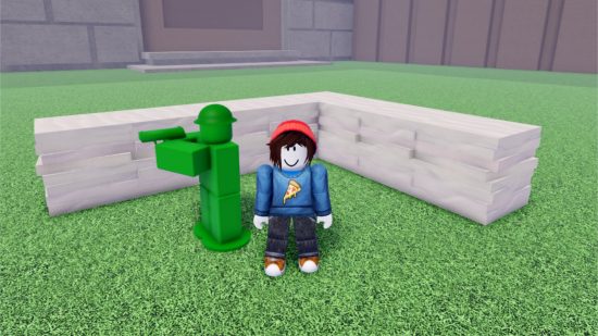 Toy SoldierZ codes - an avatar in a pizza top stood next to a green touy soldier in front of a barricade