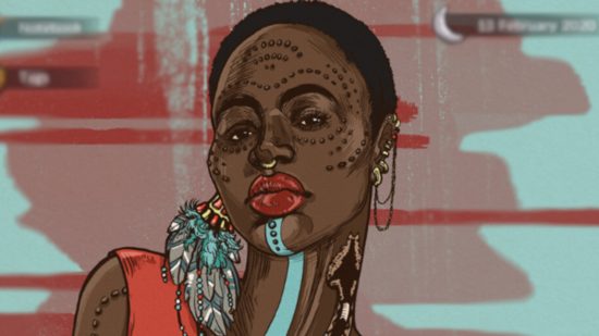 We The Refugees Ticket to Europe interview: An illustration of a dark skinned African woman with a shaved head and scarification on her face, wearing red lipstick and blue face paint. The background is red and blue abstract shapes.