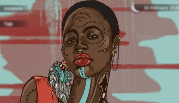 We The Refugees Ticket to Europe interview: An illustration of a dark skinned African woman with a shaved head and scarification on her face, wearing red lipstick and blue face paint. The background is red and blue abstract shapes.
