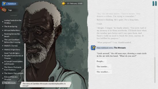 We The Refugees Ticket to Europe interview: A screenshot from the game showing the detailed comic book art and the text element of the game