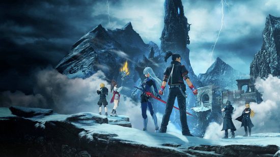 Recenzja Xenoblade Chronicles 3: Future Redeemed: Kluczowa grafika przedstawia kilka postaci stojących na klifie