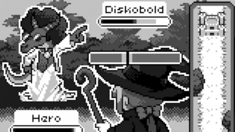 Yolk Heroes: A hero character fighting a Diskobold in classic black and white RPG combat