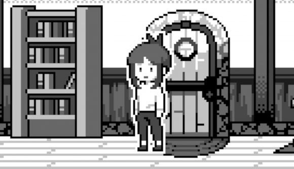 Yolk Heroes: A Long Tamago release date: A screenshot from he game showing a humanoid figure standing in a small room.