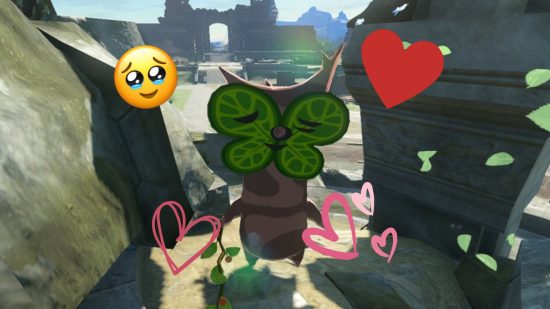 Zelda koroks vegan - a korok, a cute forest spirit that looks like a mix of broccoli and leaves yet is humanoid-ish with a leaf for a face. It is surrounded by hearts and a crying cute emoji.
