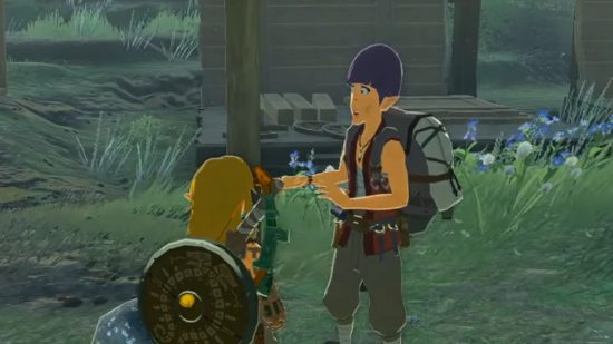 Screenshot of Zelda: Tears of the Kingdom's Addison putting up a sign for a news article on the topic