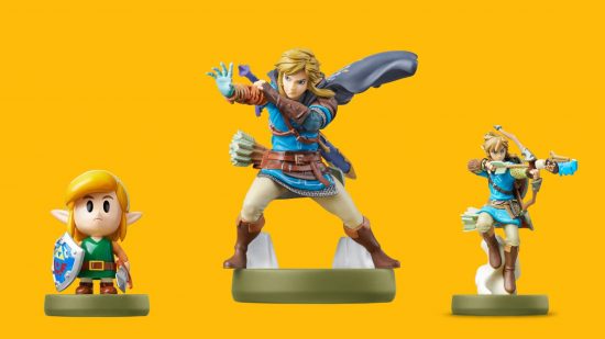 Zelda tears of the Kingdom amiibo: several Link amiibo are visible against a yellow background