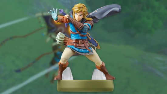 Custom image of a Zelda: Tears of the Kingdom amiibo Link on a Zelda background