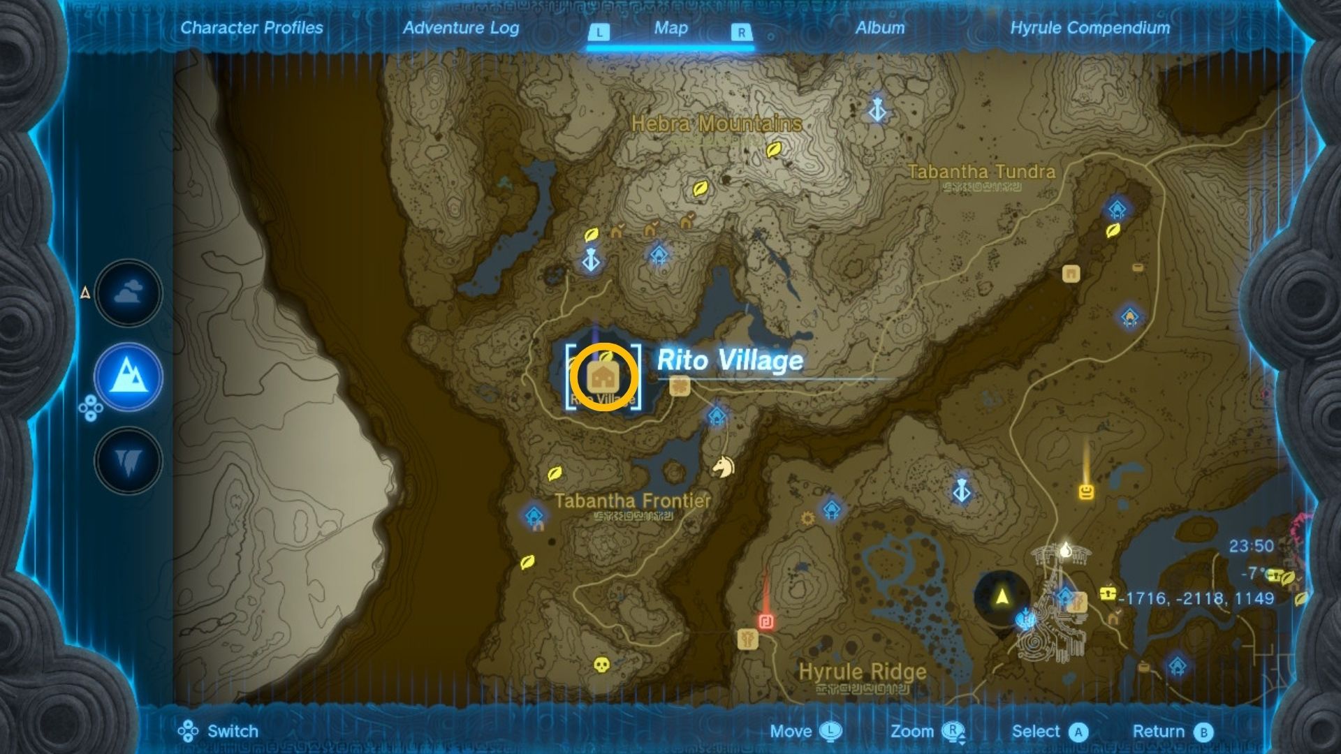 Zelda: Tears of the Kingdom shrines highlighted in mango yellow circles on a brown and white map of Hyrule dotted with different pins and stamps, roads and rivers.
