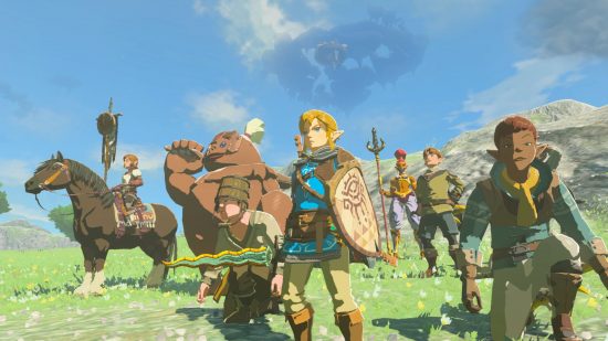 Zelda: Tears of the Kingdom Miso's treasure - Link, a blonde boy holding a wooden shield and glowing sword wearing a blue tunic, surrounded by friends, one tall woman in ornate armour, just a standard looking sort of medieval farmer-type, a large rock man, and some others.