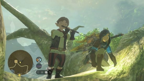 Zelda Tears of the Kingdom Pyper - Link kneeling next to Pyper on a tree branch as he plays the flute