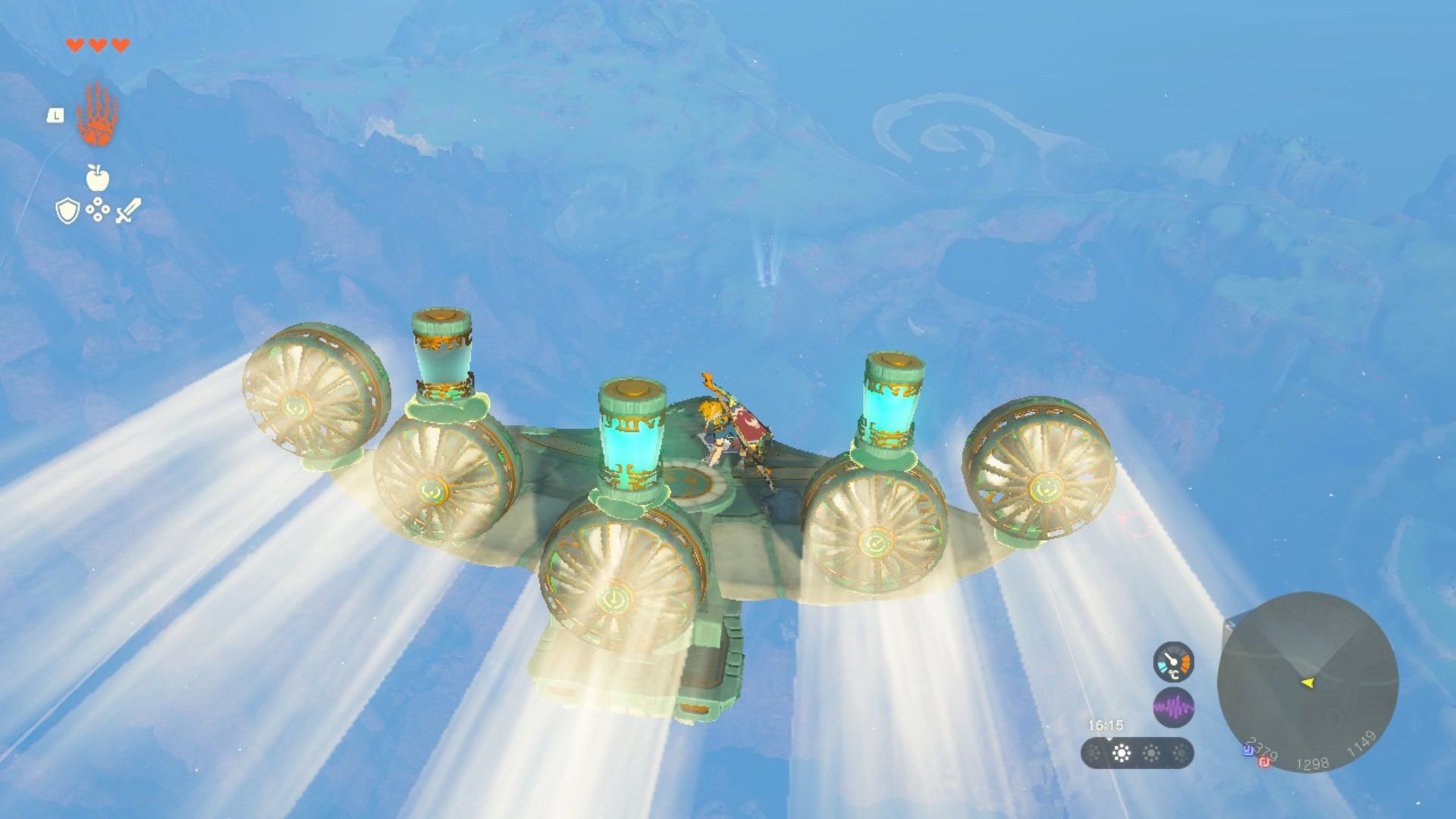 Zelda Tears of the Kingdom review - Link, a blonde man with armour and weapons on his back stood on a green and grey glider with fans attached at the tip of each of its wings. He's flying through the clouds with big floating islands high in the sky in front of him.