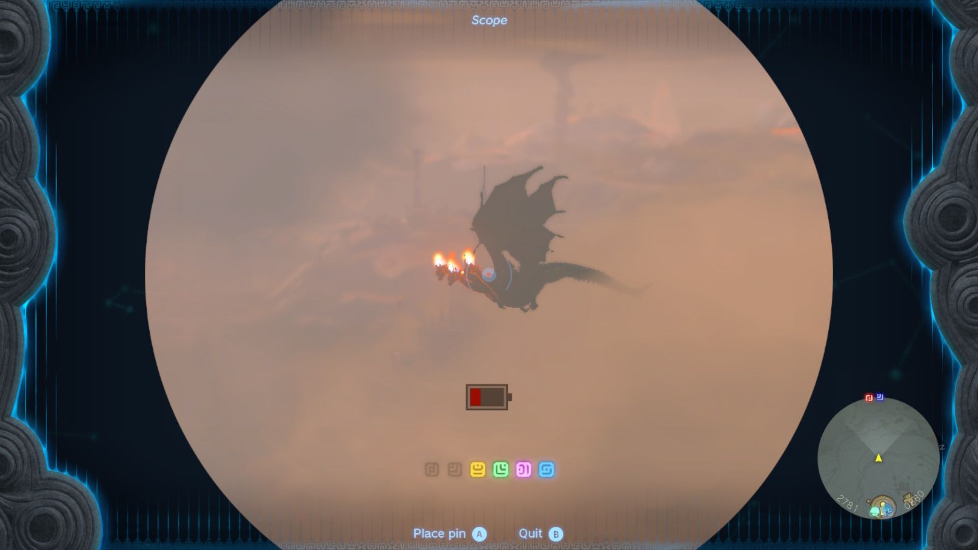 Zelda Tears of the Kingdom review - a periscope view of a faraway beast with three heads and wings that breaths fire and looks a bit like a dragon.