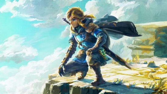Zelda: Tears of the Kingdom sales - Link crouching and looking over a cliff