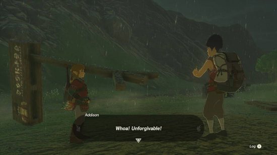 Ubicaciones de los letreros de Zelda: Tears of the Kingdom: Link y Addison parados frente a un letrero caído