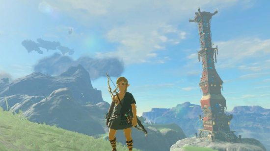 Zelda: Tears of the Kingdom towers: Link stoi przed wysoką wieżą