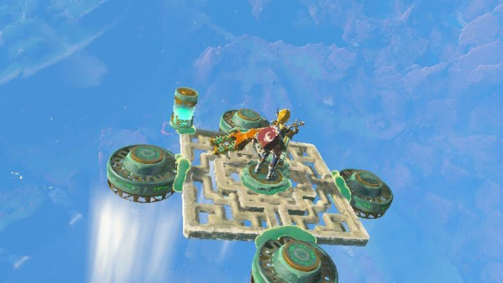 Custom screenshot of Link flying over Hyrule using one of the Zelda: Tears of the Kingdom vehicles he has created
