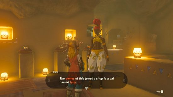 Zelda: Tears of the Kingdom weapons - a woman in ornate armour with a red bun for hair looking at a small blonde boy in a jewllery shop.