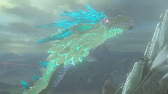Zelda Tears of the Kingdom weapons - a glowing white and green and blue dragon flying through the air, head all spiky with blue crystals.