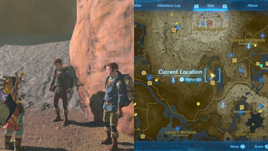 Zelda: Tears of the Kingdom weapons - two images, on the left two people in adventuring gear standing in front of an orange sandstone cave wall, on the right a map of beige land and blue water, with roads and various markers interspersed.
