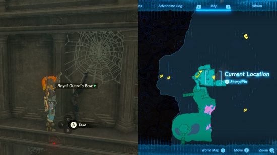 Zelda: Tears of the Kingdom weapons - two images, one of a map on the left with a green bit of land and a arrow point for the character location, another of the player character Link in ornate armour looking at a bow on a fireplace's mantlepiece.