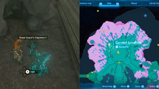 Zelda: Tears of the Kingdom weapons - two images, on the left a boy called Link in ornate armour looking at a sword on the ground in a stone room, on the right a map of blue and pink land.