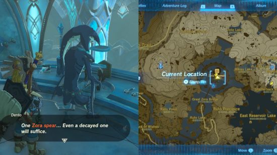 Zelda: Tears of the Kingdom weapons - two images, on the left a beige map of water and land, on the right a fish humanoid in a blue, ornate room.