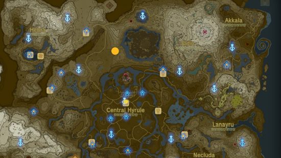Screenshot of the Zelda: Tears of the Kingdom map with an indication mark for the Yiga armor legs piece