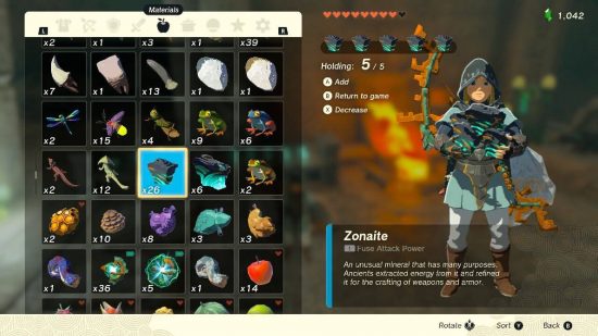 Zelda: Tears of the Kingdom zonaite: a menu shows Link holding zonaite