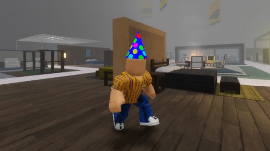 3008 Roblox: A 3008 employee wearing a colorful party hat, stalking the aisles of the Rokea