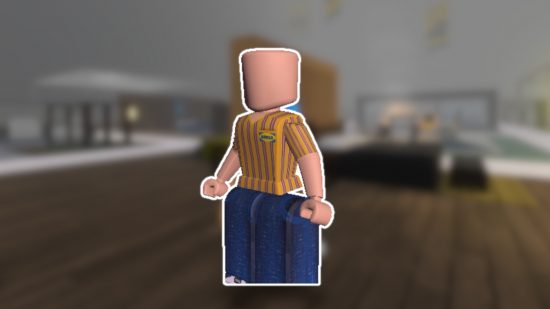 3008 Roblox: A wide employee character from 3008 outlined in white and pasted on a blurred background
