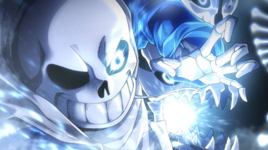 A Universal Time codes: Sans from Undertale drawn in a heroic pose
