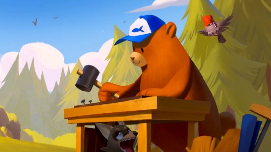 Bear and Breakfast physical edition: a bear at a carpenters bench