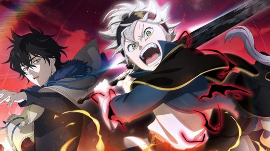 Black Clover M pre registration: two animated characters on a red background