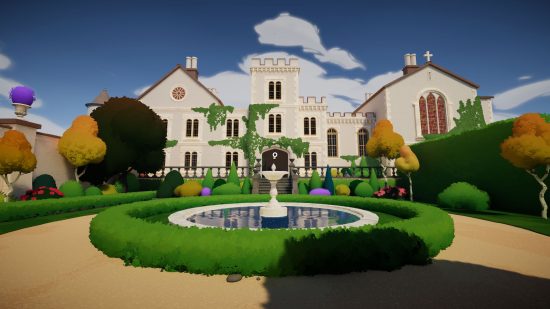 The Botany Manor surrounded by a fountain and blue sky
