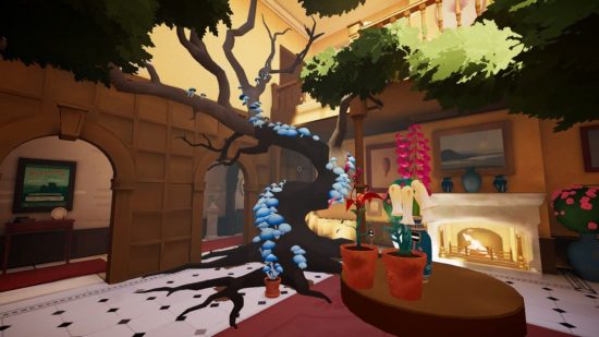 Botany Manor review - a big tree covered in mushrooms inside a wooden room
