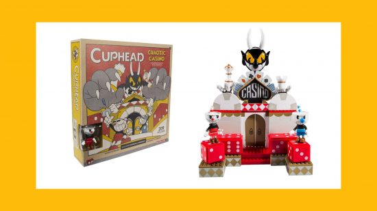 The box and diorama of the Cuphead toys Chaotic Casino set