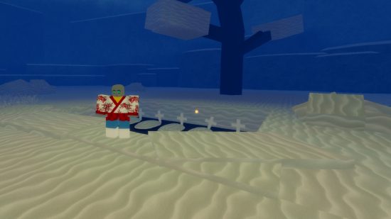 Demon Slayer RPG 2 codes - a Roblox character standing on the sand next to a small cemetery