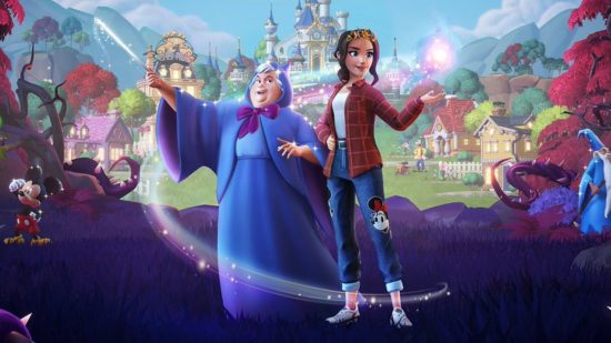 Disney Dreamlight Valley update: fairy godmother standing next to a character in a dark forest